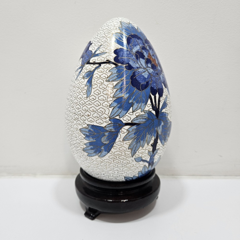 Vintage Chinese Cloisonne Egg White Blue Floral Bird With Wood Base - 6"
